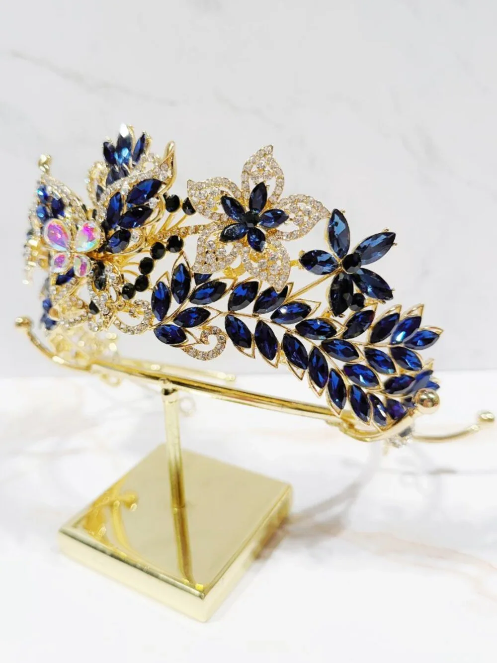 Navy Blue Crystal Butterfly Tiara Crown Gold Tone Pageant Prom Wedding Headpiece